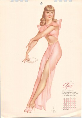 Original April 1946 VARGAS Pinup Calendar Girl Brown Haired Girl Pink Dress