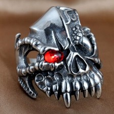 Red Eye Alien Skull Head Mask Ring Stainless Steel Gothic Men's Ring Size 7-13