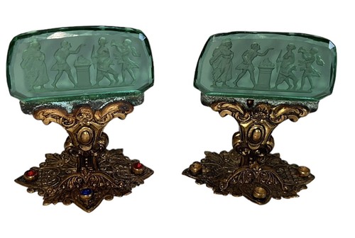 10 Antique Czech Intaglio Glass Place Card Holders Gold Tone Jeweled Bases - Picture 7 of 10