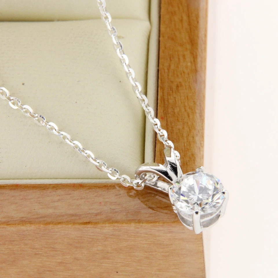 Collar colgante solitario boda circonita cúbica corte redondo de 1 quilate cadena cable plata 925 de 18" Foto 2 de 4