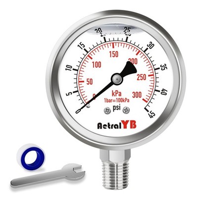 0-45Psi/300Kpa Full Stainless Steel Pressure Gauge Glycerin Filled Pressure G...