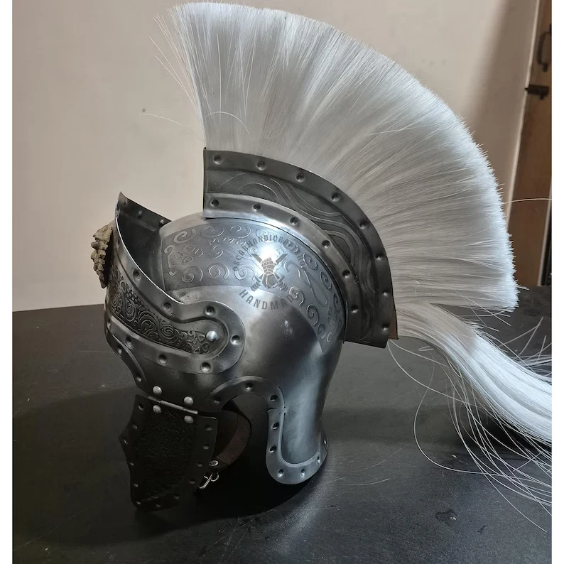 18 Gauge Steel Roman Helmet with White Plume: Reenactment Costume - Image 3 of 4