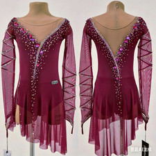 Ice skating dress Competition Figure Skating Twirling Costume dark red