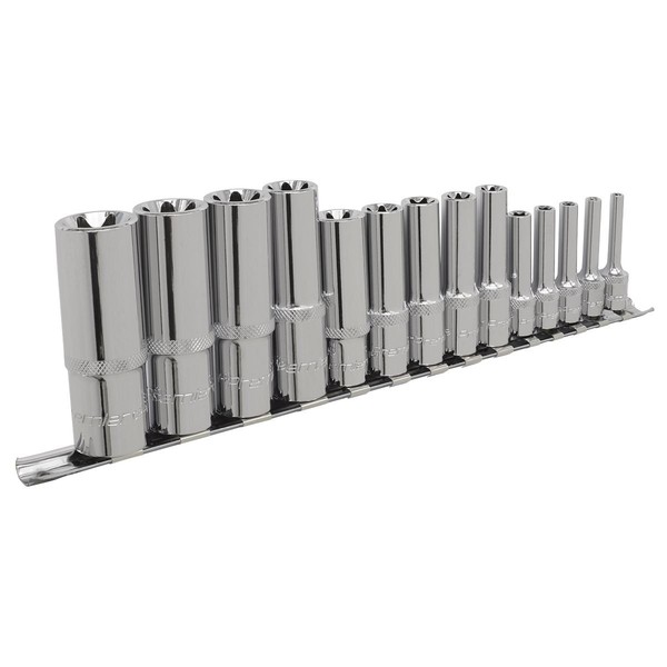 Sealey Torx Stern Buchse Satz 14Pc Tief 0.6Cm 1Cm & 1.3Cmsq Drive E4-E24 AK6114-image