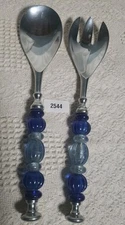 Stainless Steel Salad Fork And Spoon Set  Blue Acrylic Decorative Handles 11.5