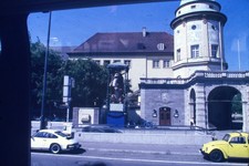 1950s 35mm Slide Town Street Scene Cars Architecture tower European Building