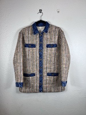 Sandro Christine Tweed Jacket Denim Trim Multi-Color Gold Button Size 36 FR US 4