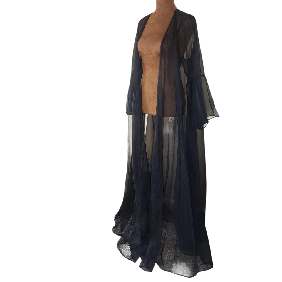 Bata Peignoir Transparente De Colección Frederick's Of Hollywood Manga Campana Negra Talla L Foto 3 de 4