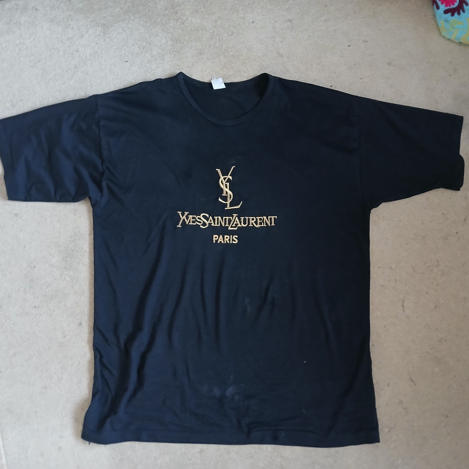 T shirt top Yves Saint Laurent vintage logo YSL #M blu scuro oro glitter