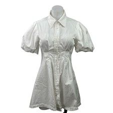 J.Ing White Short Puff Sleeve Collared Button Down A Line Mini Shirt Dress XS