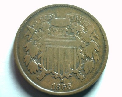 1866 TWO CENT PIECE FINE F NICE ORIGINAL COIN FROM BOBS COINS FAST SHIPMENT
