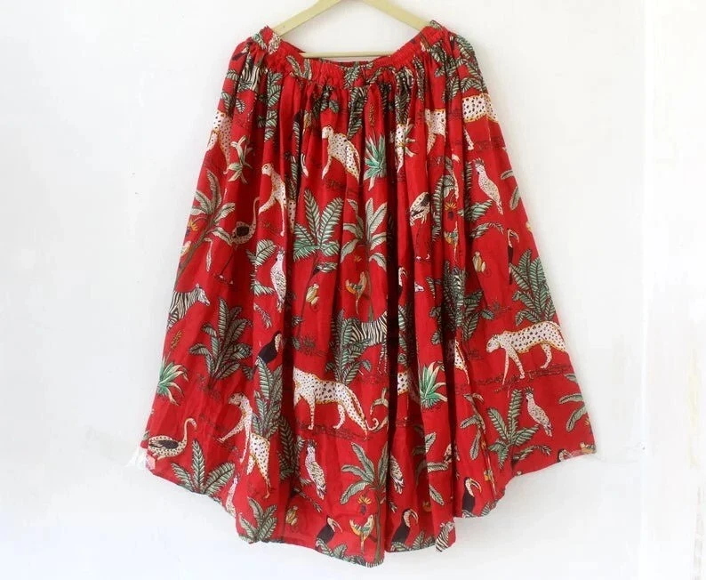 Indian Red Floral Skirt Cotton Skirt, Long Skirt, Free Size Beachwear Skirt AU
