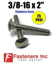 (Qty 25) 3/8-16 x 2" Stainless Steel Carriage Bolt (Full Thread) 18-8 / 304