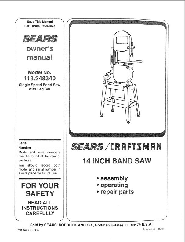 Owner's Manual & Parts List Sears Craftsman 14” Band Saw - Model
