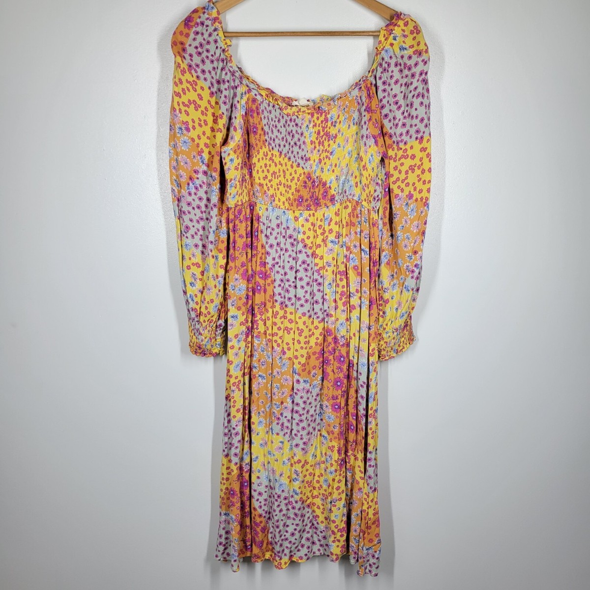 Easel Bright Colorful Floral Patchwork Off Shoulder Midi Dress