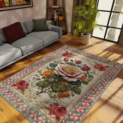 Colorful Aesthetic Washable Vintage Flower Rug Rose, Rugs For Maximalist But Cut