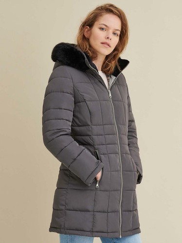 Faux-Fur Trim Hooded Puffer Jacket Coat 