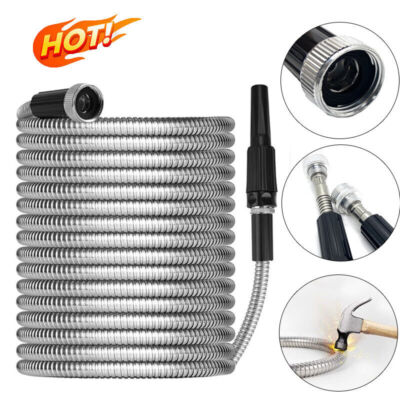 Stainless Steel Metal Garden Water Hose Pipe 25/ 50/75/100FTFlexible Lightweight