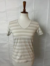 Columbia Women's Size Small Beige Striped V-Neck T-Shirt Short Sleeve Cotton