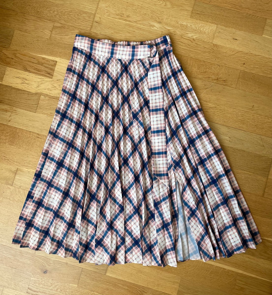 TOPSHOP Pleated Midi Skirt ALine Check Plaid Blue Pink Slits