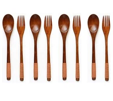 Wooden 9 inch Japanese Spoon Fork Set Kitchen Tableware Dinnerware Flatware N...