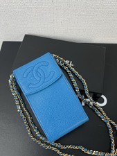 Chanel Leather Coco Mark Chain Pochette Phone Case Blue