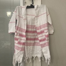 White With Pink Stripes Girls Size 4 Hooded Tie Swimsuit Coverup GUC