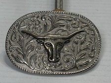 Western Longhorn Steer Head Oval Belt Buckle Floral Engraved Silver Tone