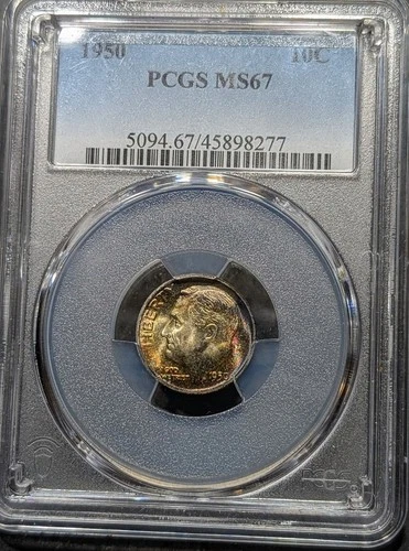 1950-P Roosevelt Dime Pcgs MS/67 Awesome Toned Gem Only 12 Graded Higher