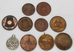 (10) Masonic Tokens Medals One Penny Coins & Other