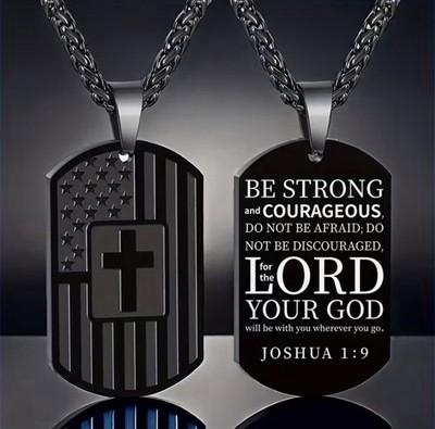Black Stainless Steel Pendant Necklace Cross Flag Joshua 1:9