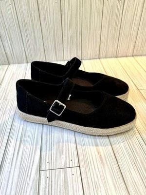 TOMS Carolina Mary Jane Espadrille Natural Leather Upper Flats Size 9 Black Shoe