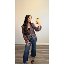 Free People x Anna Sui Printed Ruffle Top Pink Size 4 Floral Button Front Fairy 