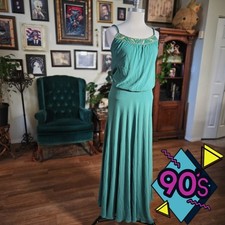 Vintage 90s Arte Sacra Green Beaded Empire Waist Maxi Dress Evening Formal