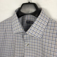Van Heusen Flex Mens Shirt 16 1/2 32/33 Blue Gold Plaid Stretch Modern Utility