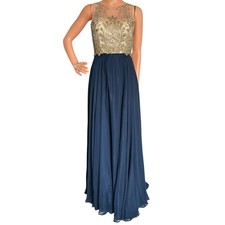 Alyce Paris Beaded Illusion Bodice Navy Chiffon Prom Dress Open Back Gown
