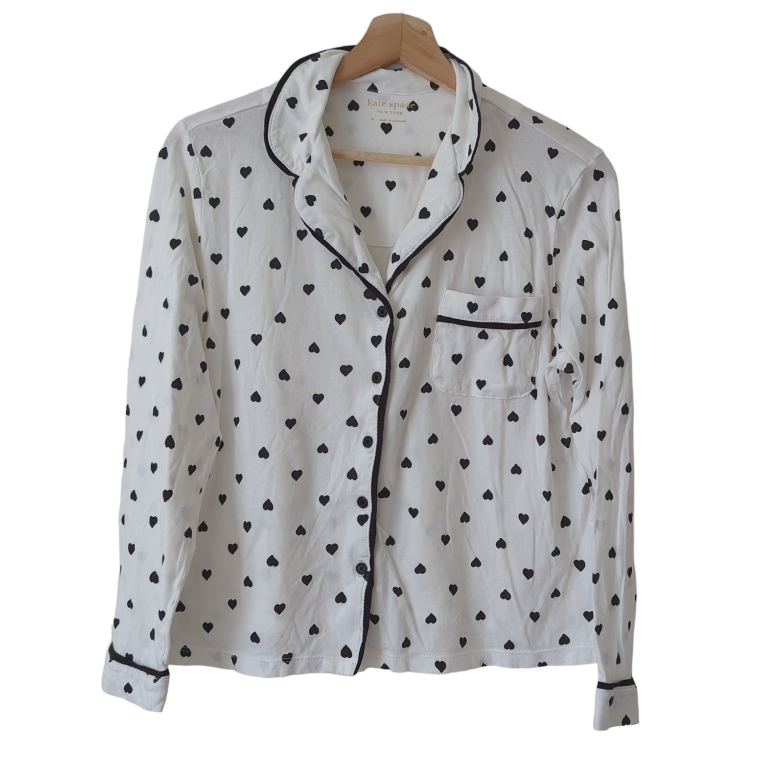 Kate Spade Womens Button Down Lounge Pajama Top White Black Hearts Sleepwear M