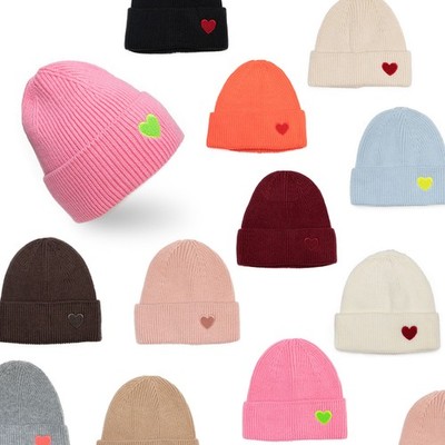 Ladies Winter Hat Ribbed Heart Motif Knitted Cap Fashion Beanie Cap Warm