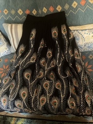 Women's Long Skirt Peacock Designs Elastic Waist Size SM. New Wo Tags See Pics