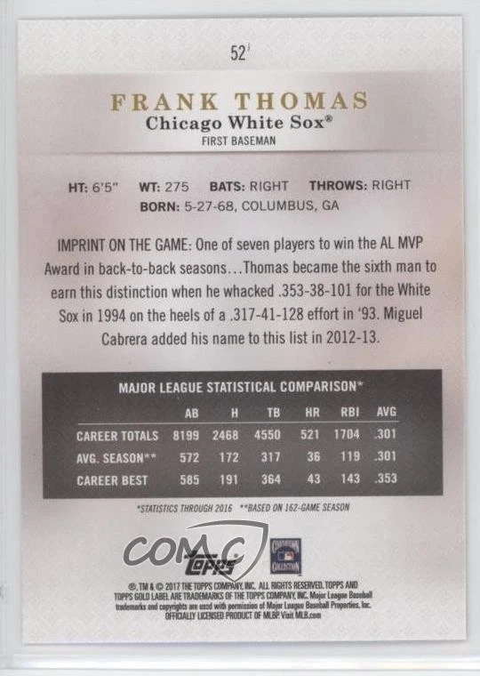 2017 Topps Gold Label Class 1 Frank Thomas #52 HOF - Image 2 of 2