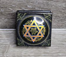 Hand Painted Star David Wooden Trinket Box Judaica Black Gold Hing Case Jewelry