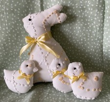 VINTAGE CHENILLE HANDMADE EASTER BUNNY RABBIT PILLOW WITH 3 EASTER CHICKS