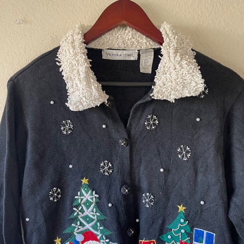 Vintage Black Christmas Santa Reindeer Sweater Cardigan Embellished Womens L - Picture 4 of 6