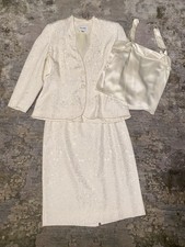 Vintage Nolan Miller Ivory White Beaded 3 Piece Suit Jacket Skirt Camisole Sz 16
