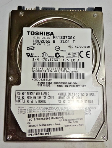 TOSHIBA ***MK1237GSX*** 120 GB *** SATA HDD Notebook 2,5 Zoll #NFP1437