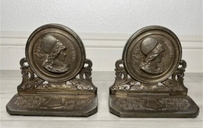 Pair of Antique Silver Over Bronze Minerva Bookends