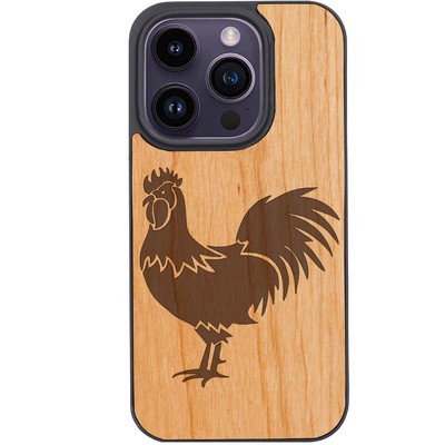 For iPhone 15 Pro Plus 14 13 12 Rooster Wood Shockproof Phone Case Cover