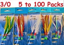 4,10,15,50 Packs 3/0 Rockfish Cod Feather 2 Hooks Bait Rigs Select Colors & Qty