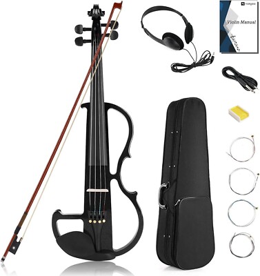 Electric Violin Full Size 4/4, Black Silent Electric Violin, Solid
