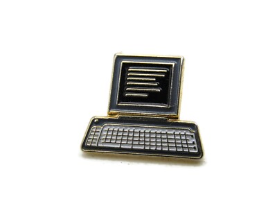 Vintage Retro PC Computer Lapel Pin Gold Tone Black Enamel Tech Geek Badge